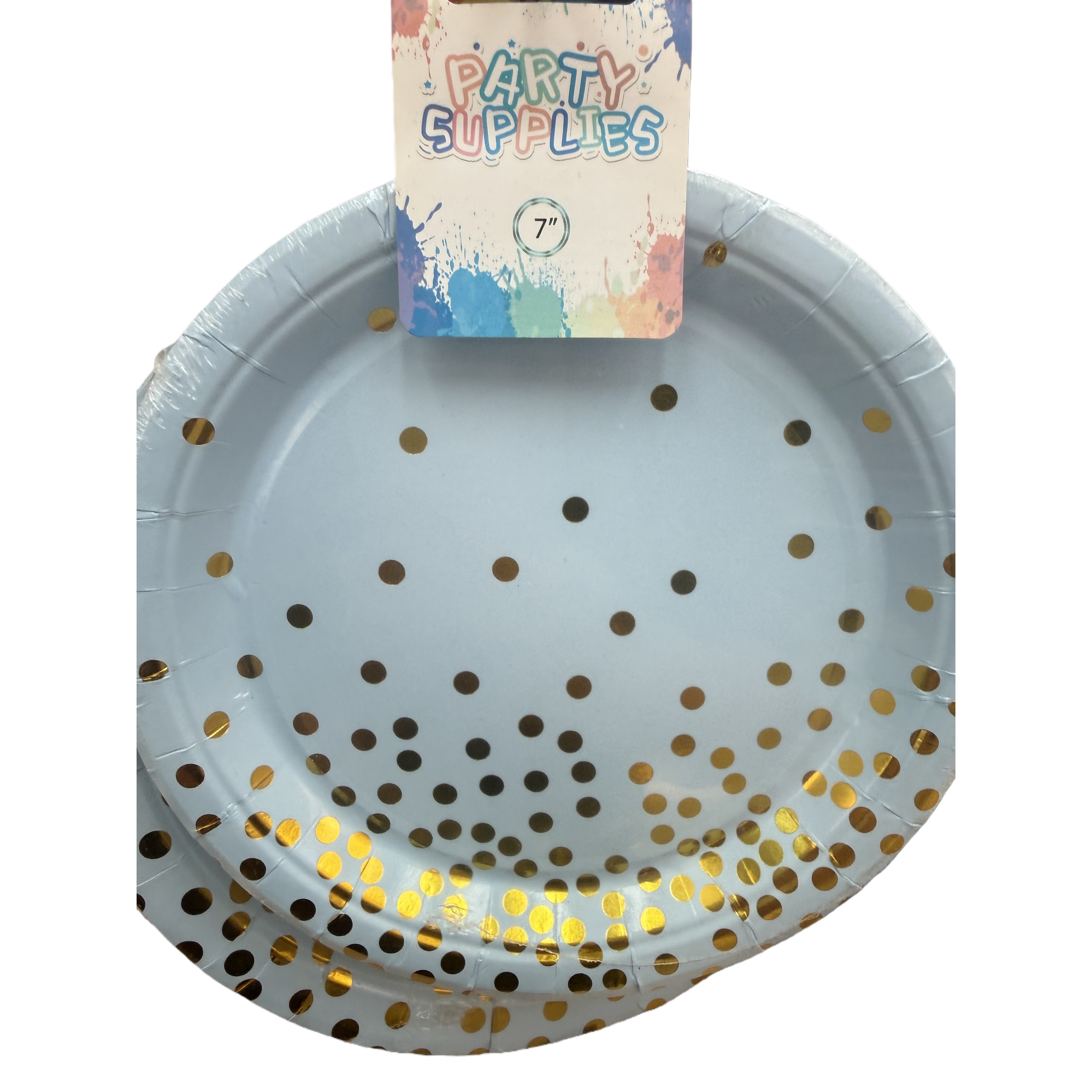 A disposable paper plate in light blue with golden dots for banquet and party decoration Item Picture