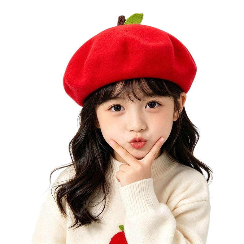 Autumn and winter collection of 16 colors of wool berets available for selection. Red apple-shaped beret for little girls, French classic felt hat Item Picture