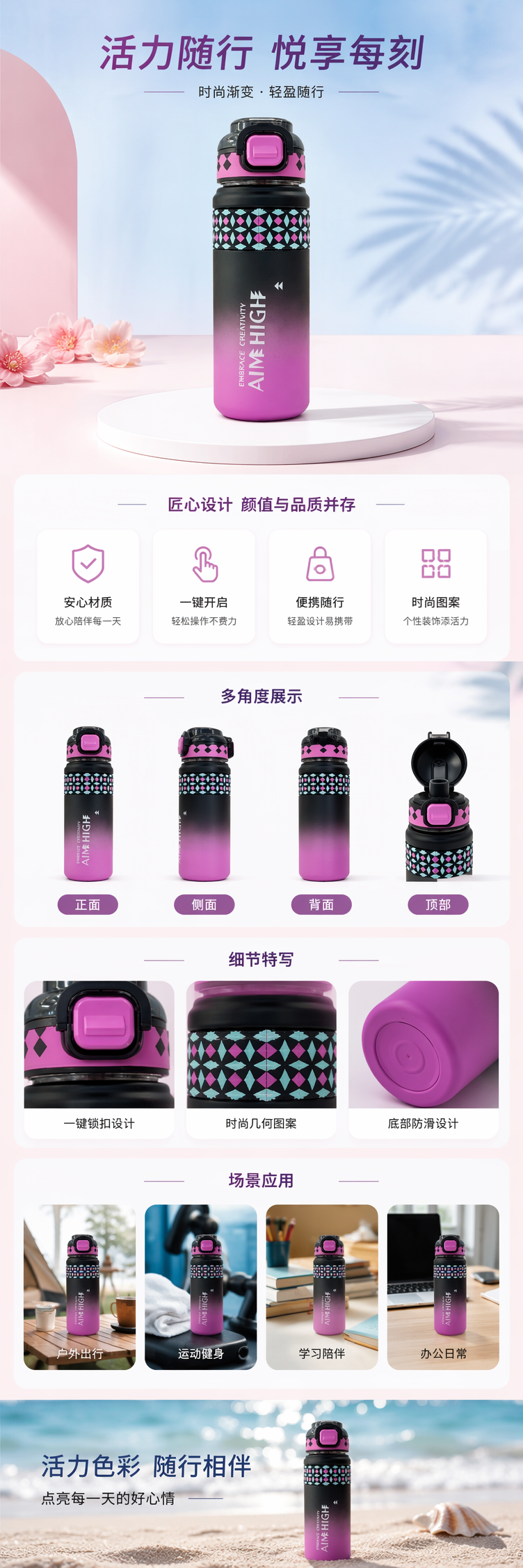 粉色渐变玻璃水杯 350ml 高硼硅耐热防烫办公家用详情1