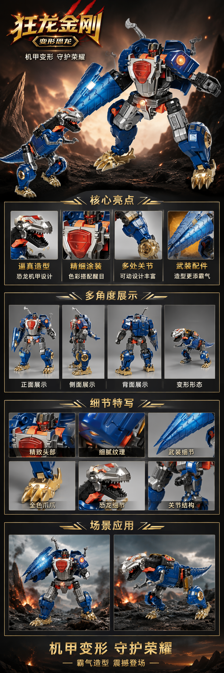 蓝色机甲恐龙玩具 可变形人形与恐龙形态 配蓝翼金爪红盾详情1
