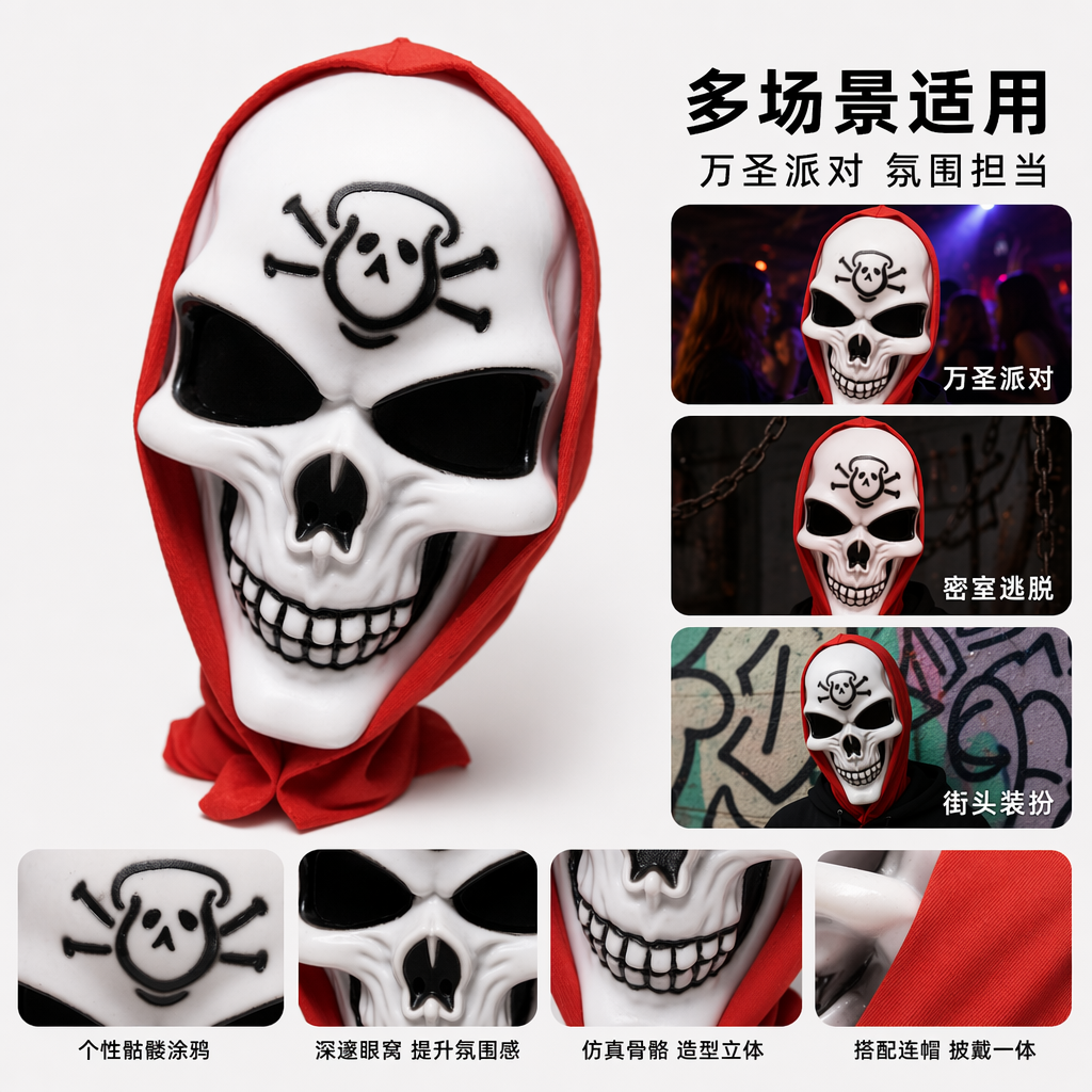 白色骷髅头面具 黑色眼窝牙齿 红色边框 额头黑色笑脸图案