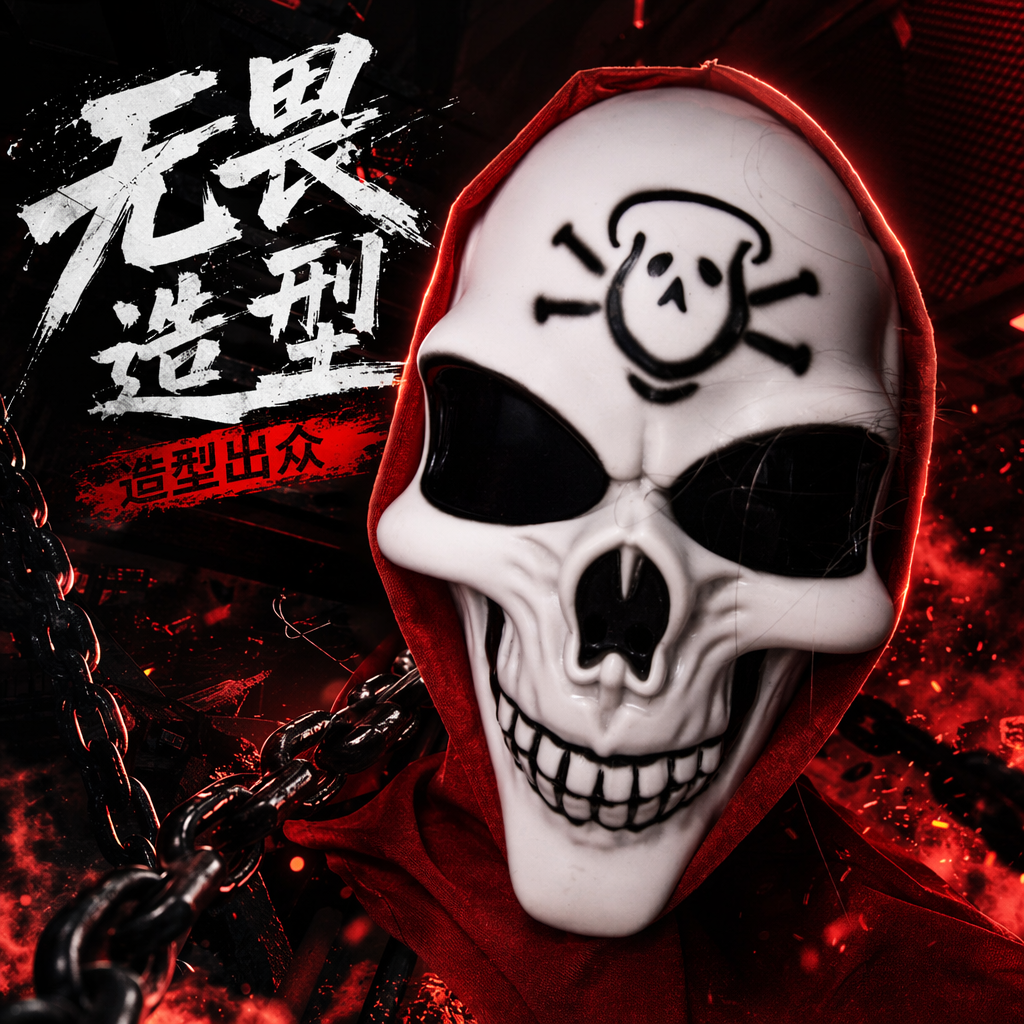 白色骷髅头面具 黑色眼窝牙齿 红色边框 额头黑色笑脸图案 Specification image