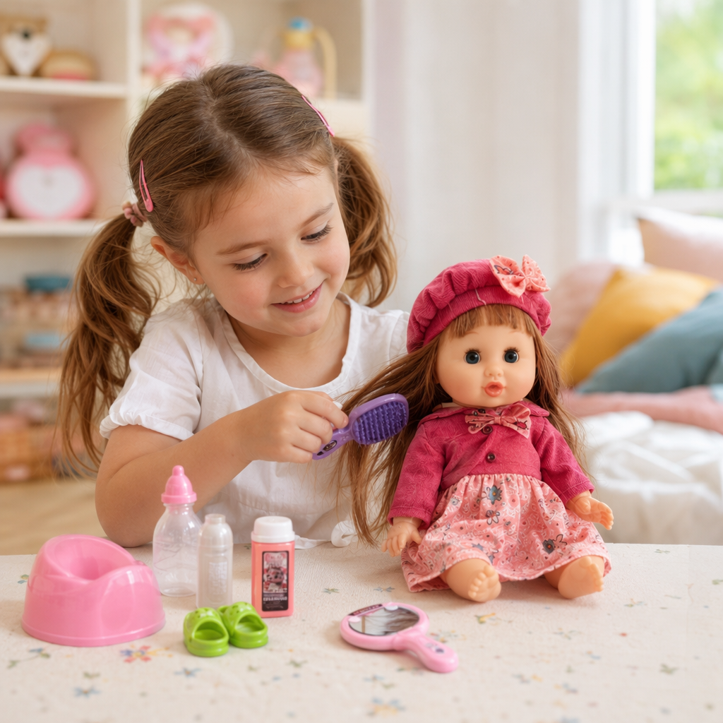 The pink packaging box contains a set of doll toys for girls, a combination of educational dress-up dolls details Picture