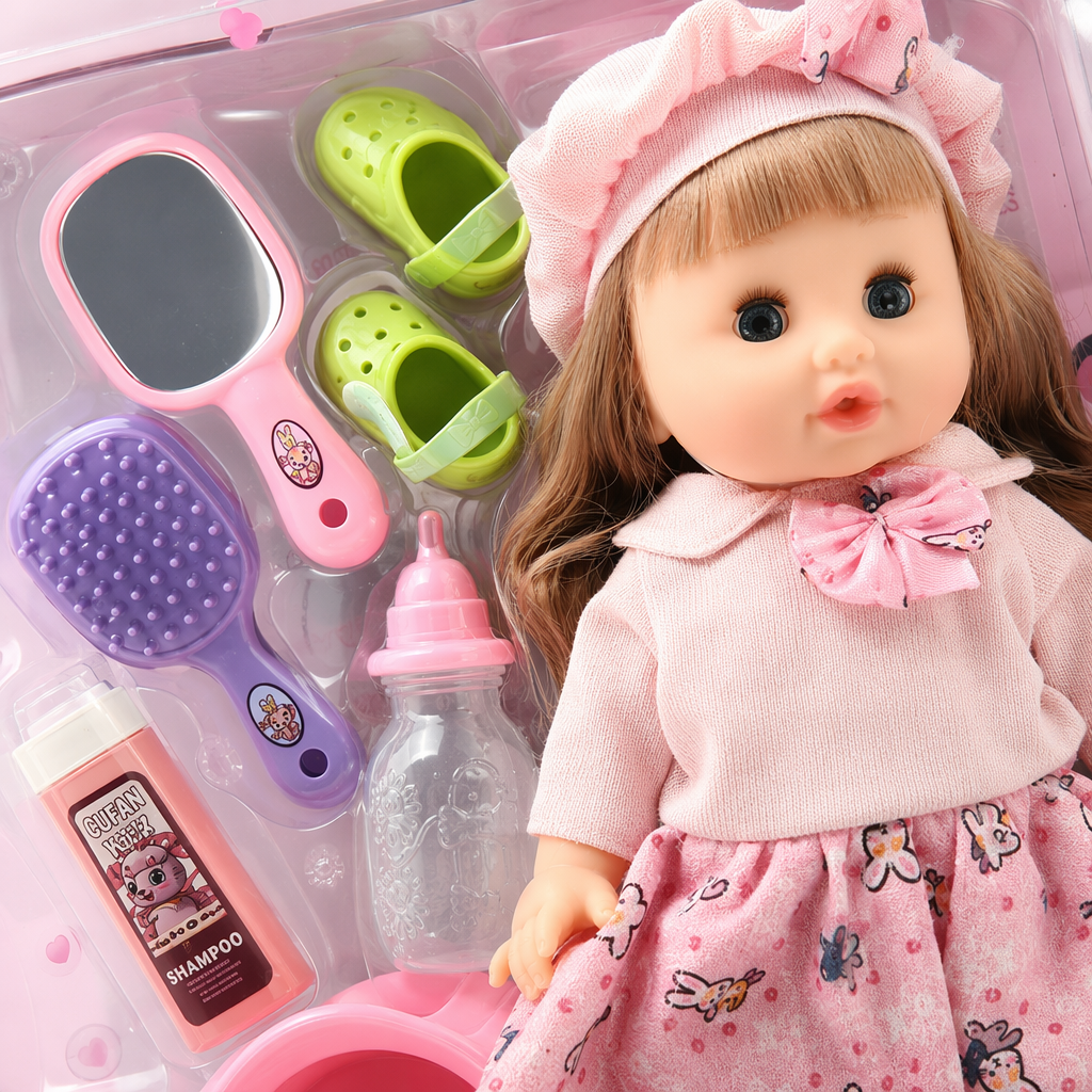 The pink packaging box contains a set of doll toys for girls, a combination of educational dress-up dolls Application Scenario