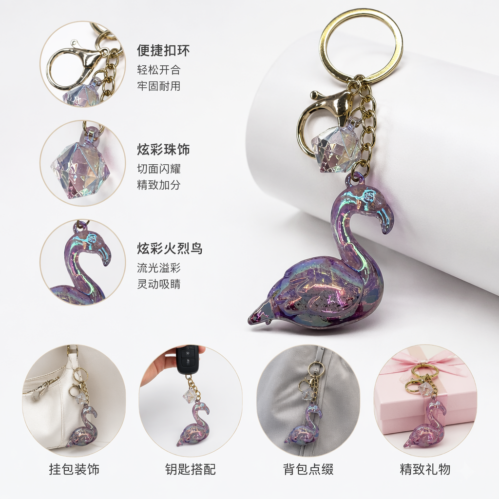 金色火烈鸟钥匙扣挂件 时尚可爱装饰车用包挂