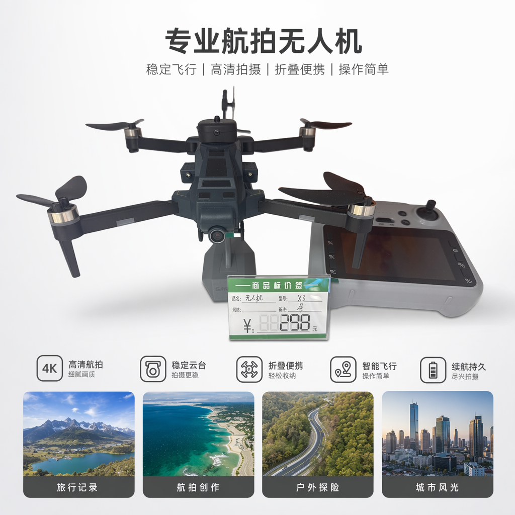 A black folding drone with a high-definition camera and a display stand