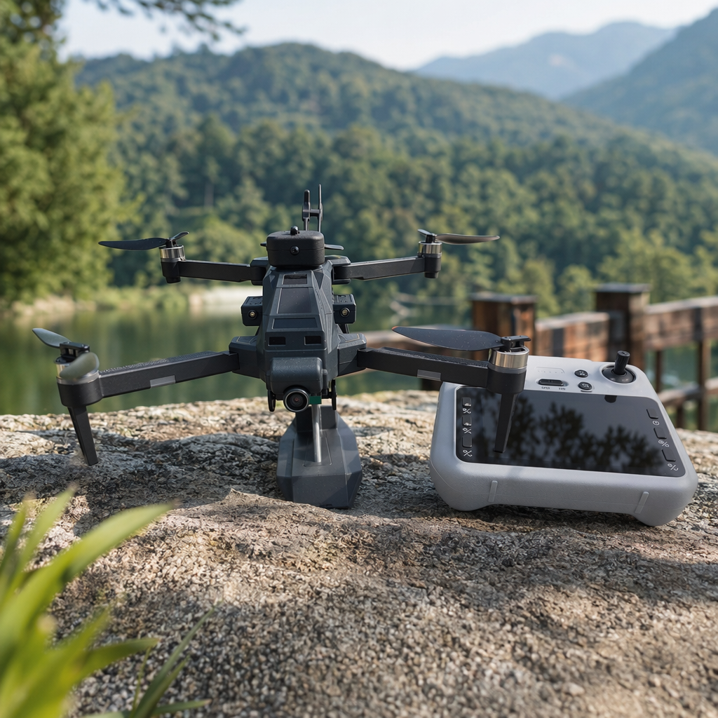 A black folding drone with a high-definition camera and a display stand details Picture