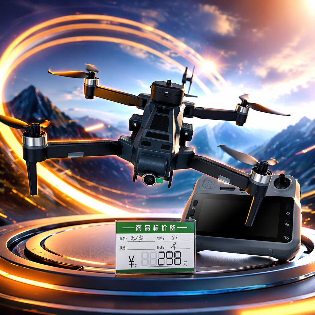 A black folding drone with a high-definition camera and a display stand Specification image