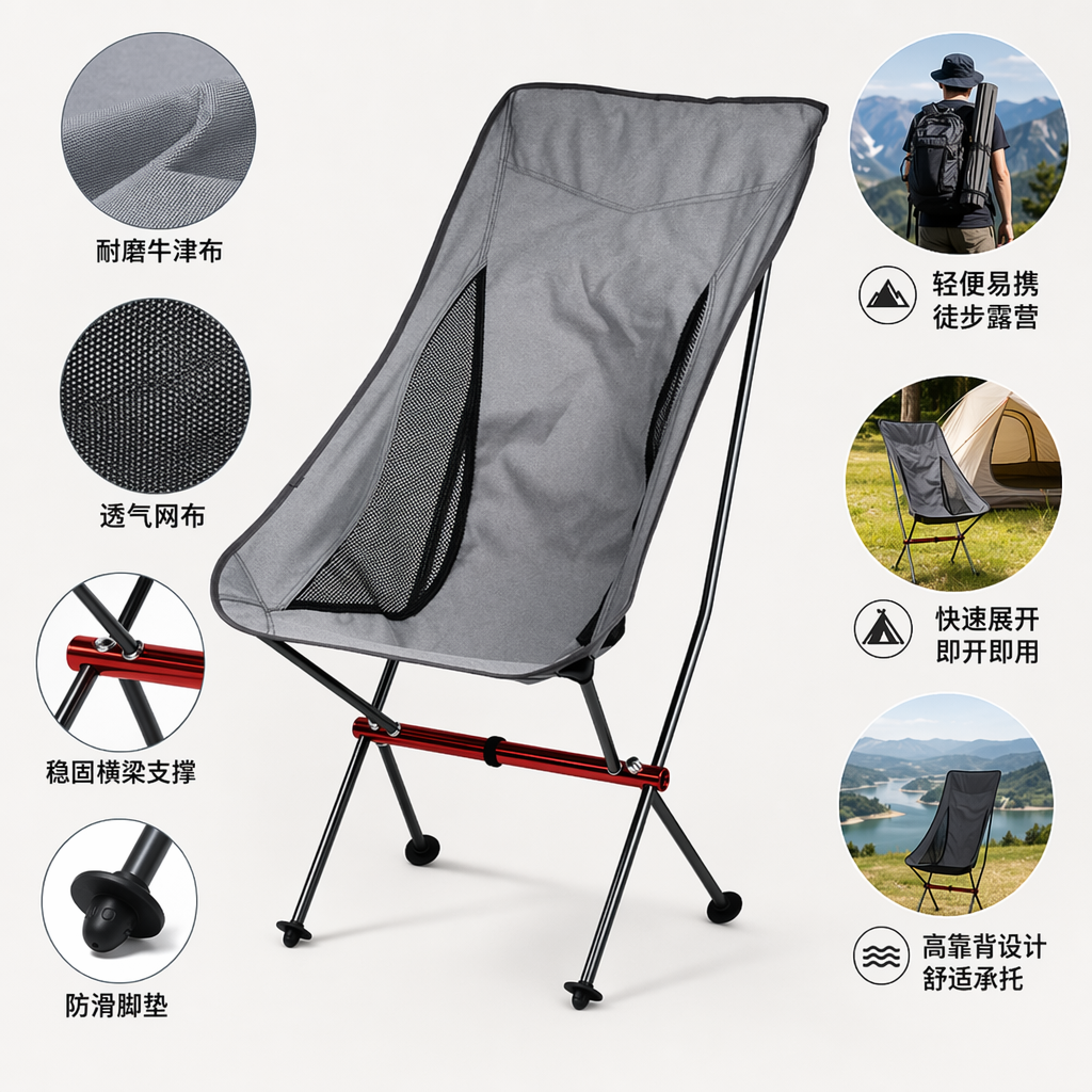 The grey folding chair is a portable, lightweight, and load-bearing small stool for outdoor camping and indoor use