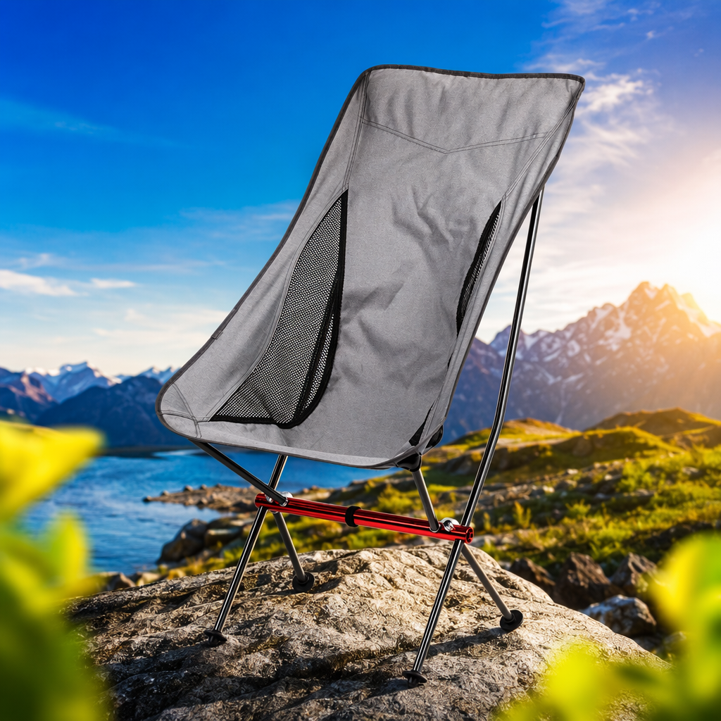 The grey folding chair is a portable, lightweight, and load-bearing small stool for outdoor camping and indoor use Specification image