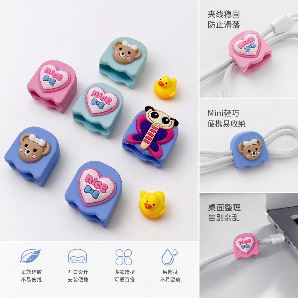 彩色卡通黄色小鸭数据线理线夹 白色键盘配件