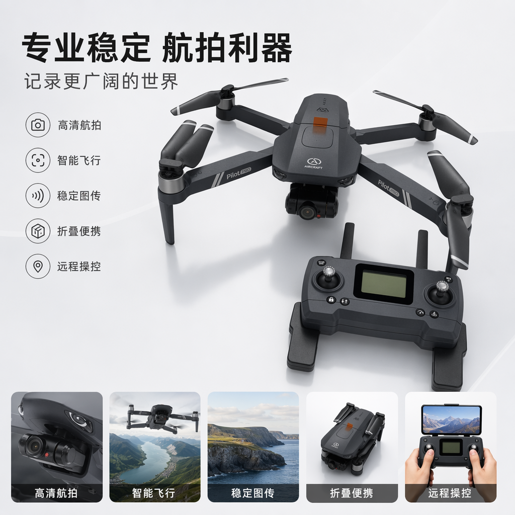 The black drone comes with a remote control and an instruction manual