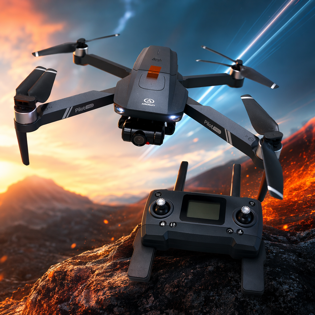 The black drone comes with a remote control and an instruction manual Specification image