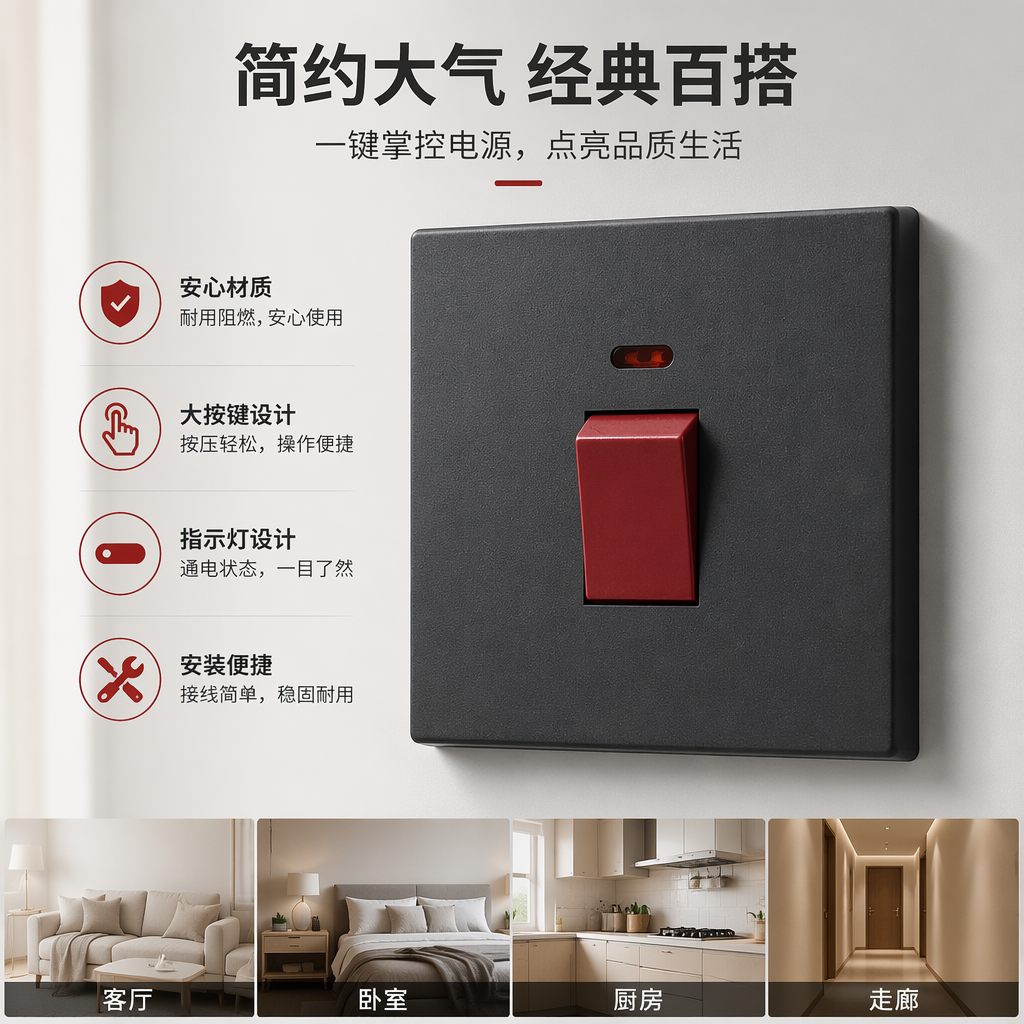T8 skin-feel Gray 20A wall switch, suitable for both living rooms and bedrooms, with a dedicated outlet