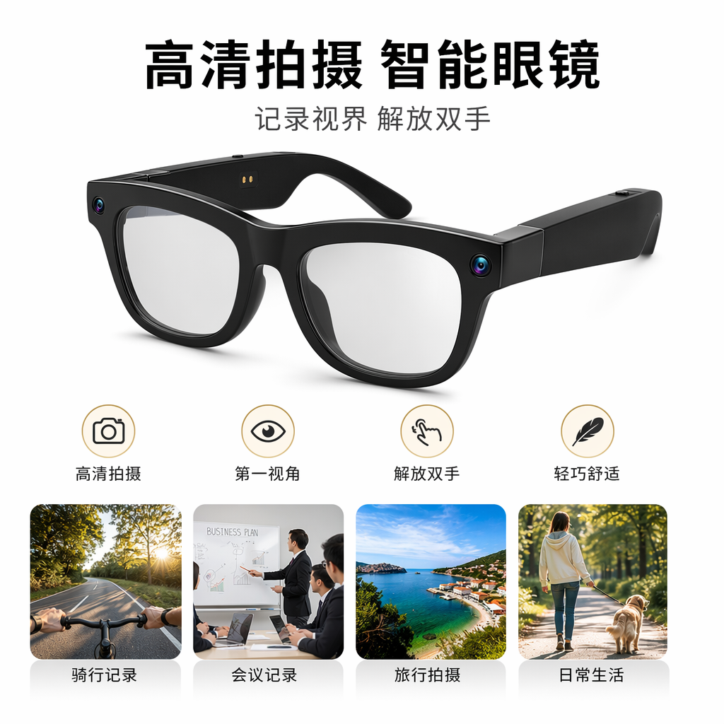 黑色智能眼镜 支持蓝牙通话 近视可配镜片 轻量化设计图