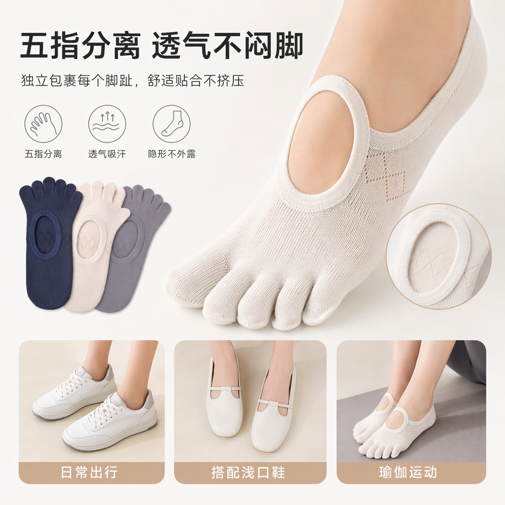 White five-finger socks, breathable and anti-slip sports socks for both men and women