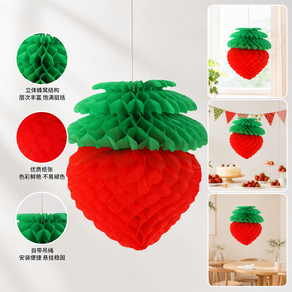 红色草莓造型蜂窝纸灯笼 节日装饰家居摆件创意挂饰