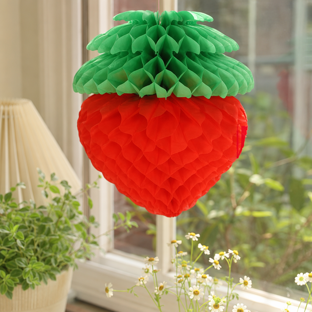 Red strawberry-shaped honeycomb paper lanterns are creative home decoration ornaments for festivals details Picture