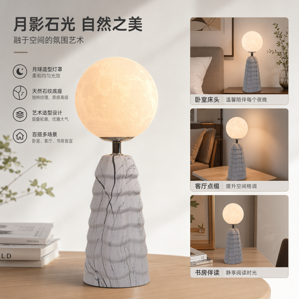 三盏月球造型台灯创意卧室床头阅读护眼灯具图