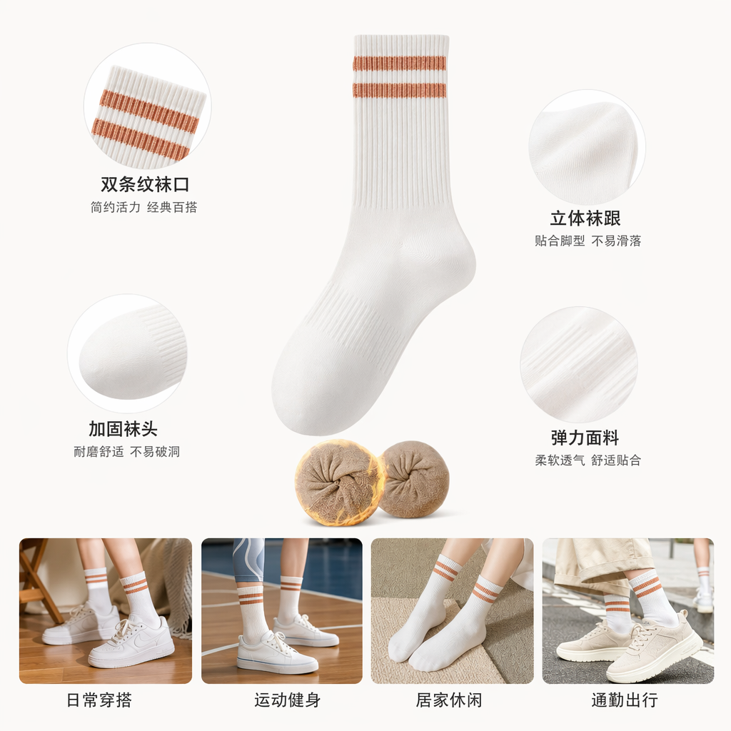 白色纯棉运动袜 男女通用吸湿排汗短筒袜