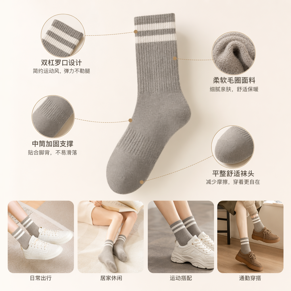 浅麻灰纯棉中筒袜男女同款透气吸汗舒适日常穿搭