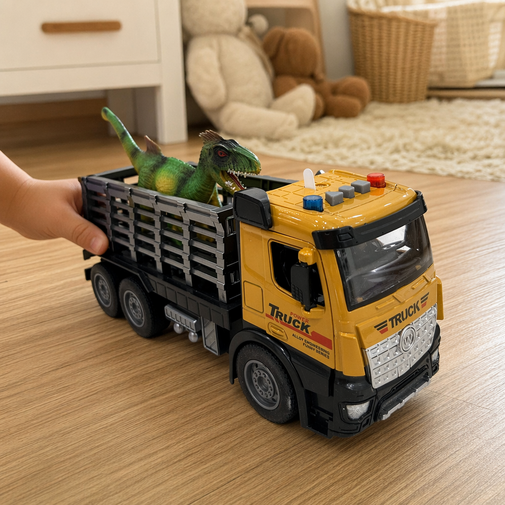 Yellow toy alloy truck with green dinosaur set children's educational and educational toys details Picture
