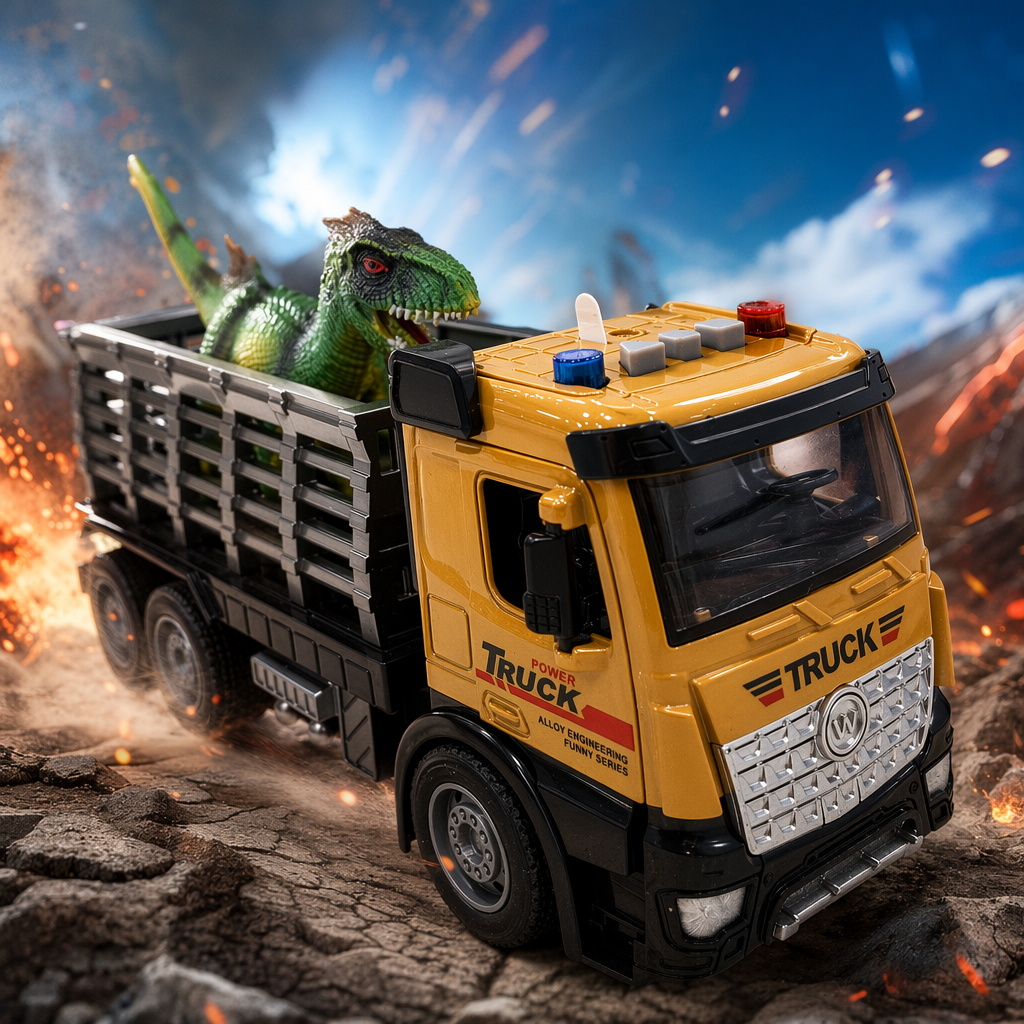 Yellow toy alloy truck with green dinosaur set children's educational and educational toys Specification image