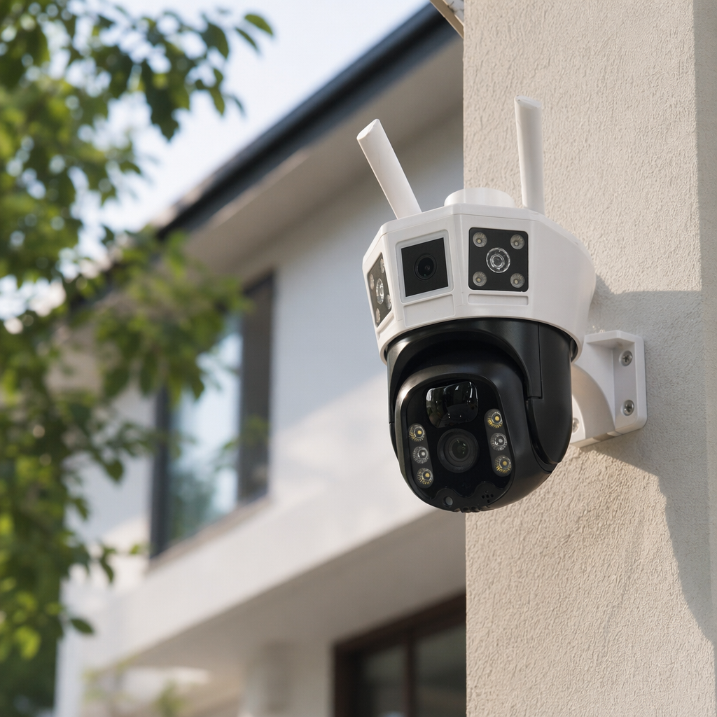 White multi-lens surveillance camera, high-definition night vision, wide-angle home outdoor security equipment details Picture