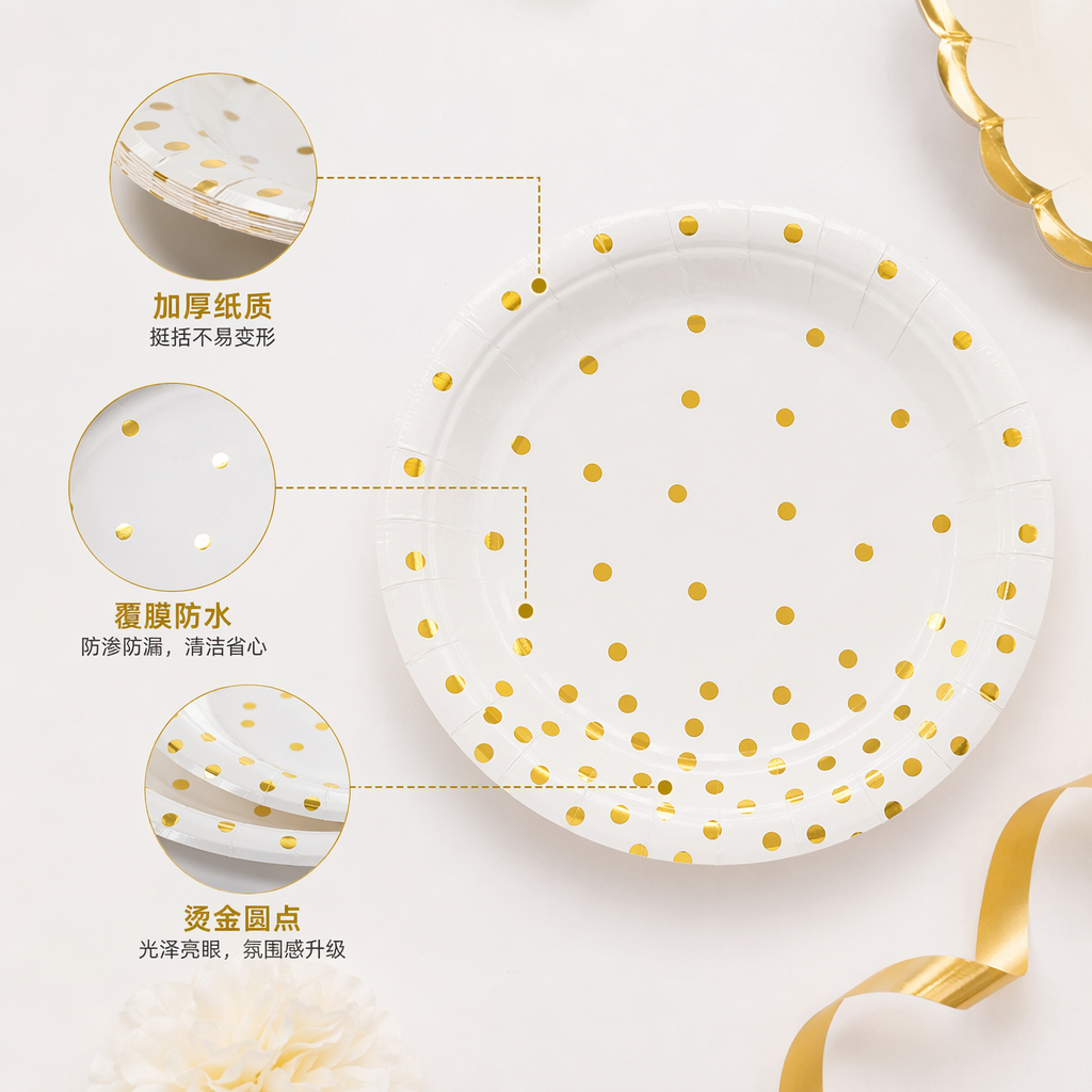 A white paper plate with golden dots for disposable banquet and party decoration