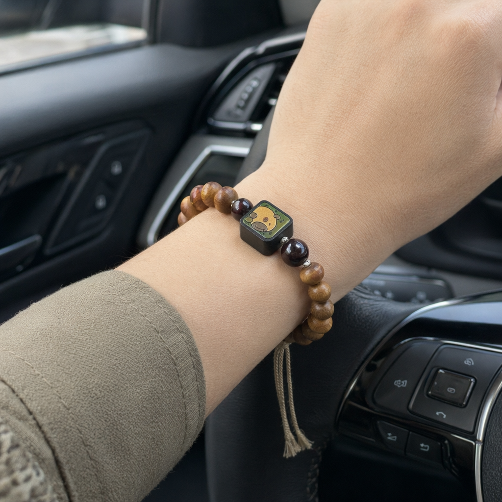 Wooden bracelet with cartoon bear pattern square beaded tassels decoration details Picture