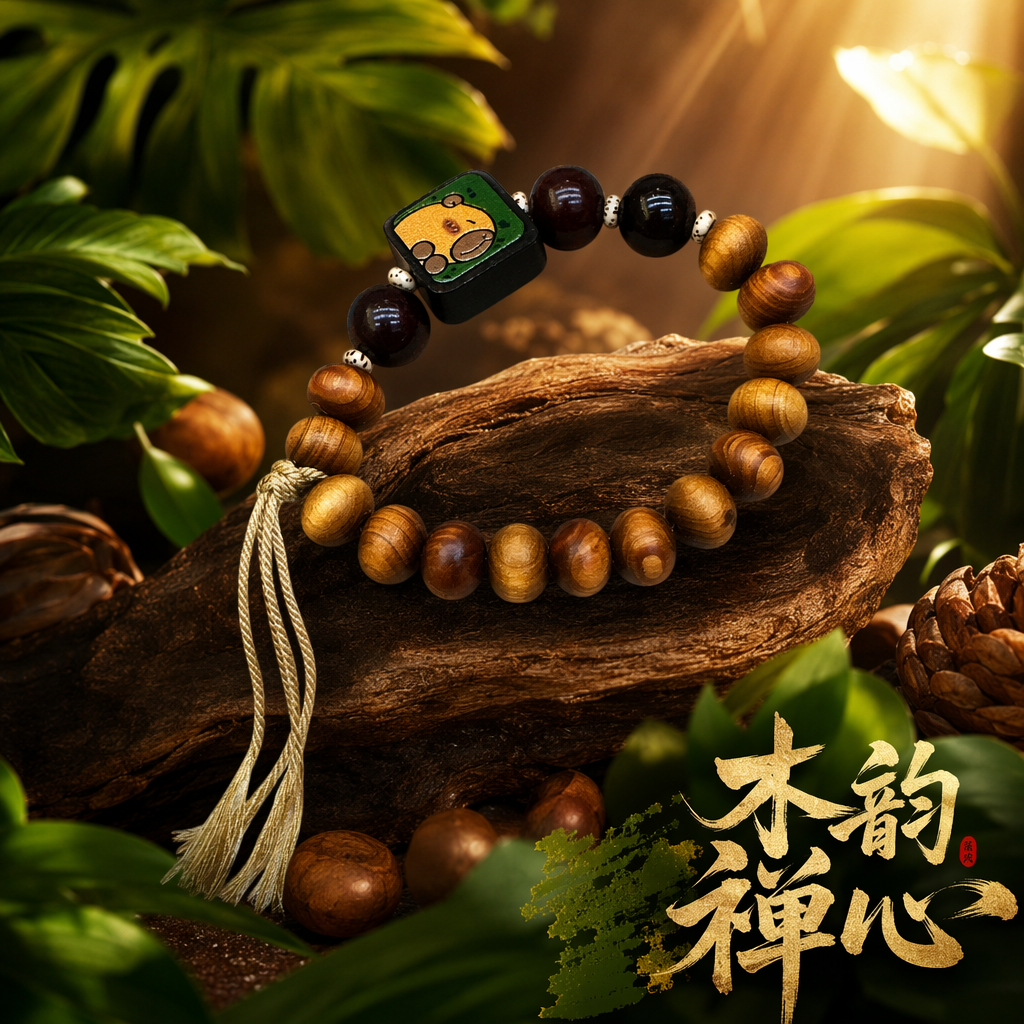 Wooden bracelet with cartoon bear pattern square beaded tassels decoration Specification image