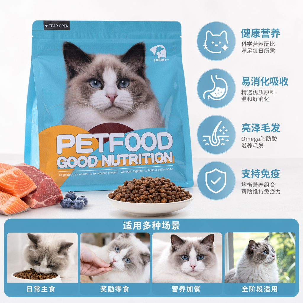 蓝底猫咪宠物食品包装袋及盒子 宠物用品定制印刷礼盒