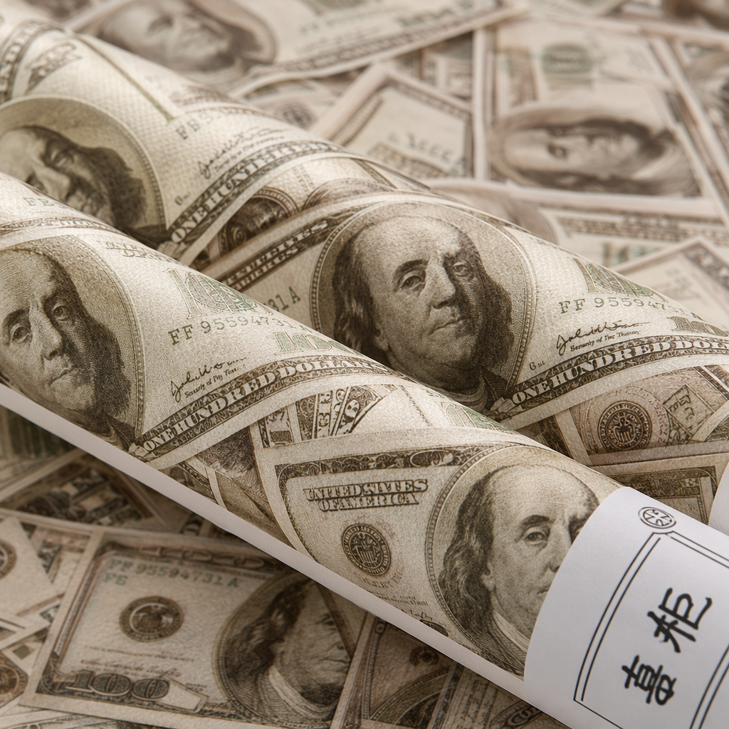 Three rolls of red wedding supplies printed with US dollar patterns Application Scenario