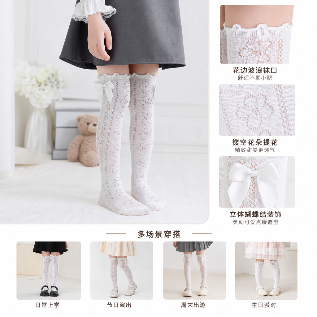 白色蕾丝花边长筒袜 小女孩腿部穿着 保暖修身显瘦