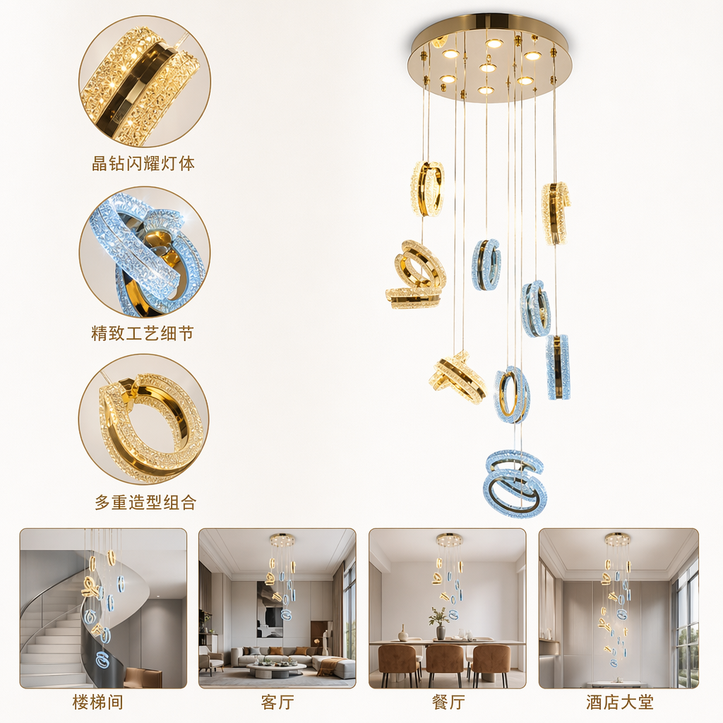 The golden and silver crystal letter pendant lamp decorates the home, living room and bedroom in a Nordic style