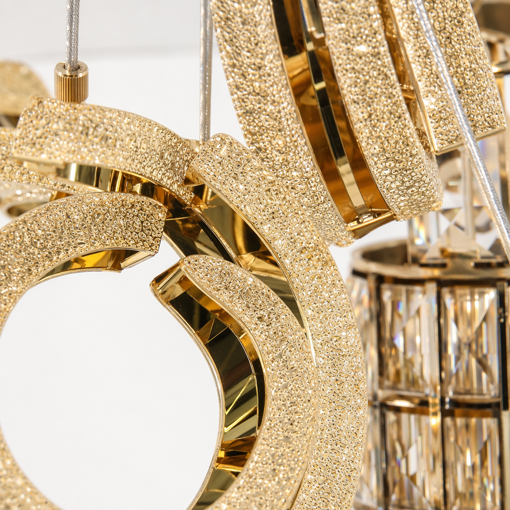 The golden and silver crystal letter pendant lamp decorates the home, living room and bedroom in a Nordic style Application Scenario