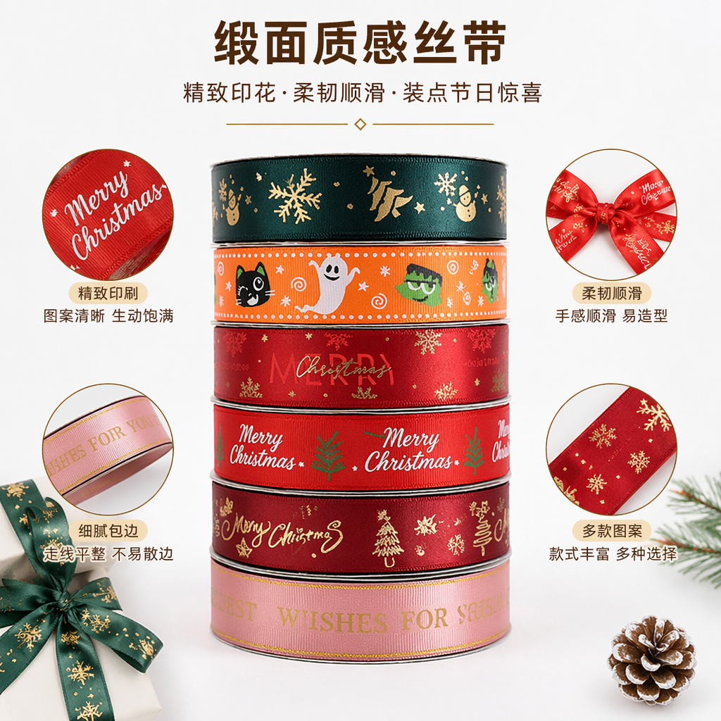 彩色圣诞主题丝带卷 节日装饰礼品包装用 多色混装