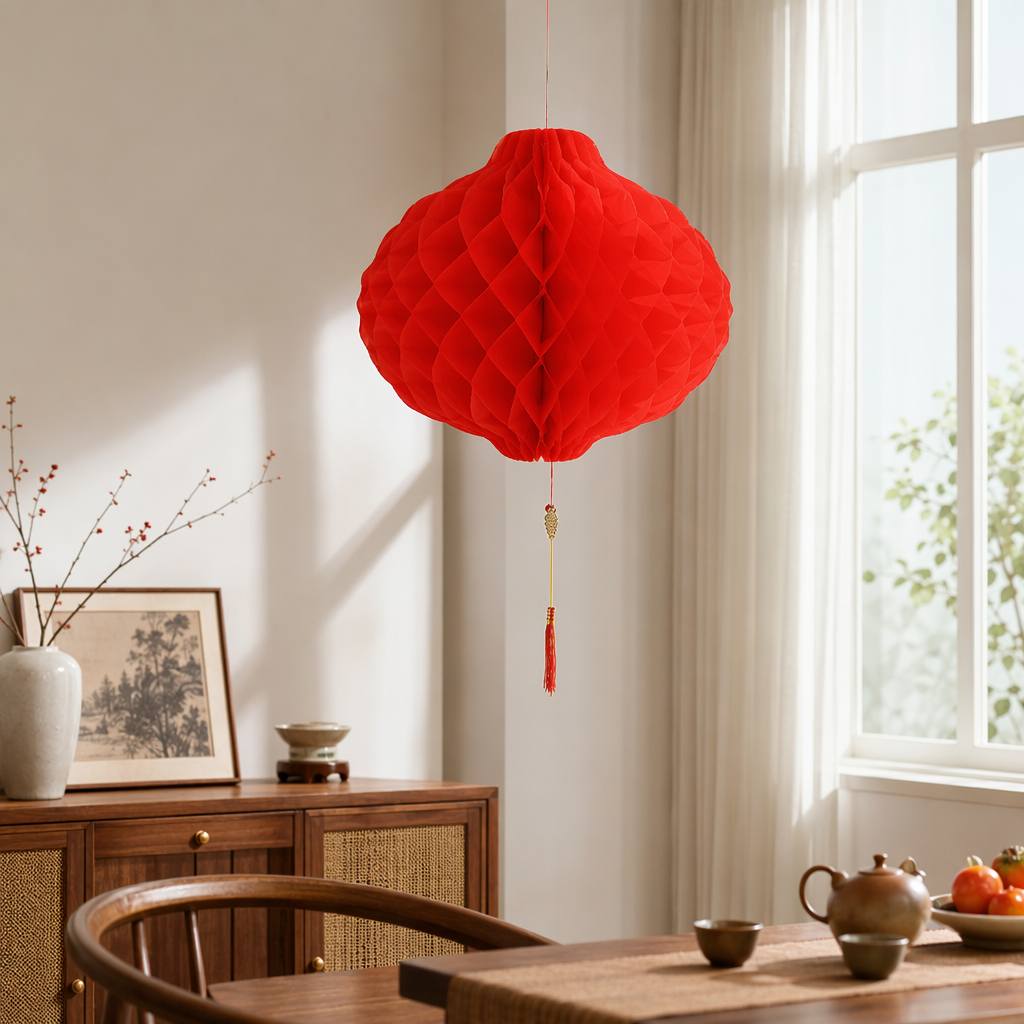 Creative DIY handmade red honeycomb paper lanterns for festive home decorations details Picture