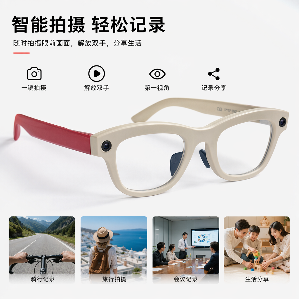 米白色智能眼镜 蓝牙通话运动防滑轻量化设计