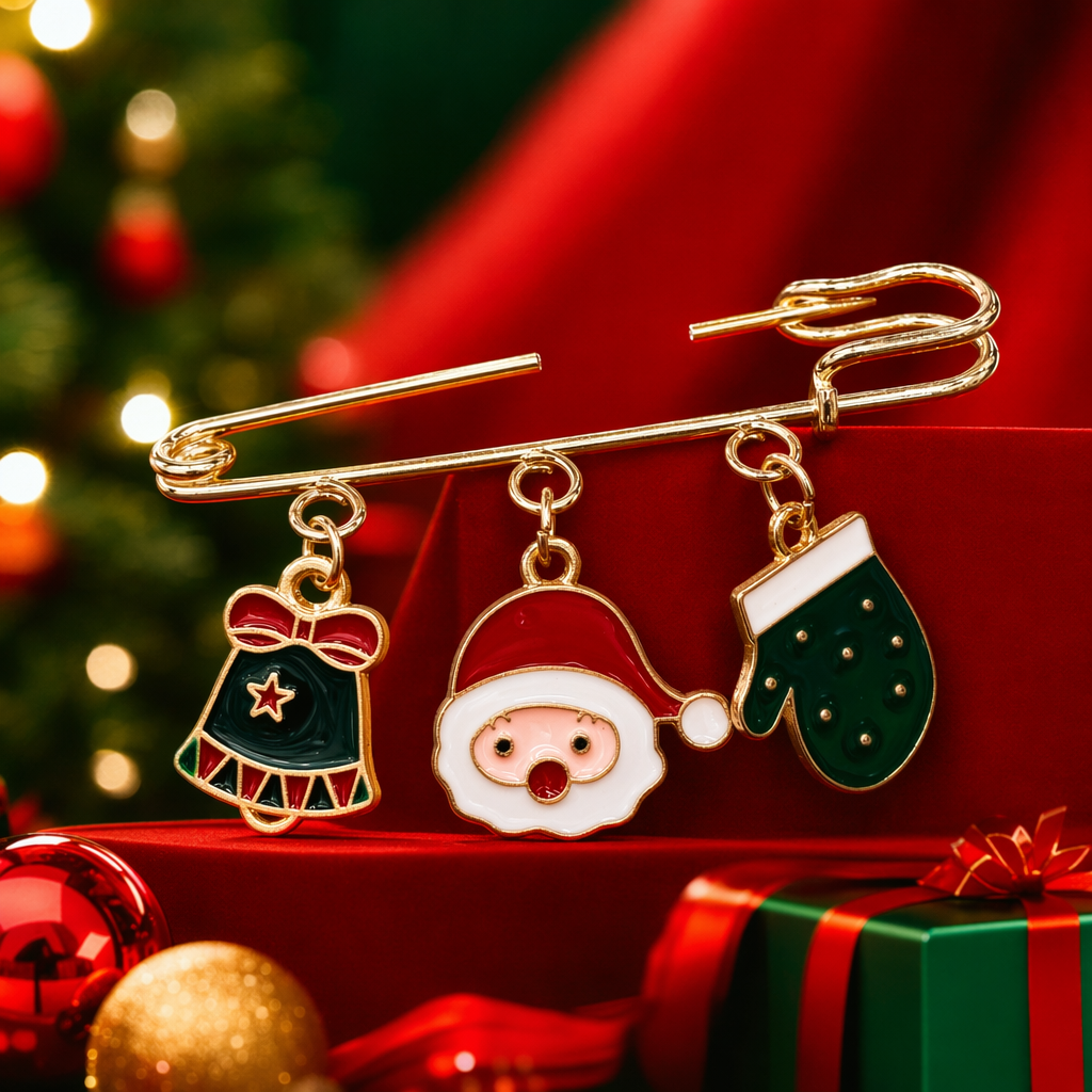 Three pendants with golden Christmas-themed brooches, bells and Santa Claus gloves Specification image