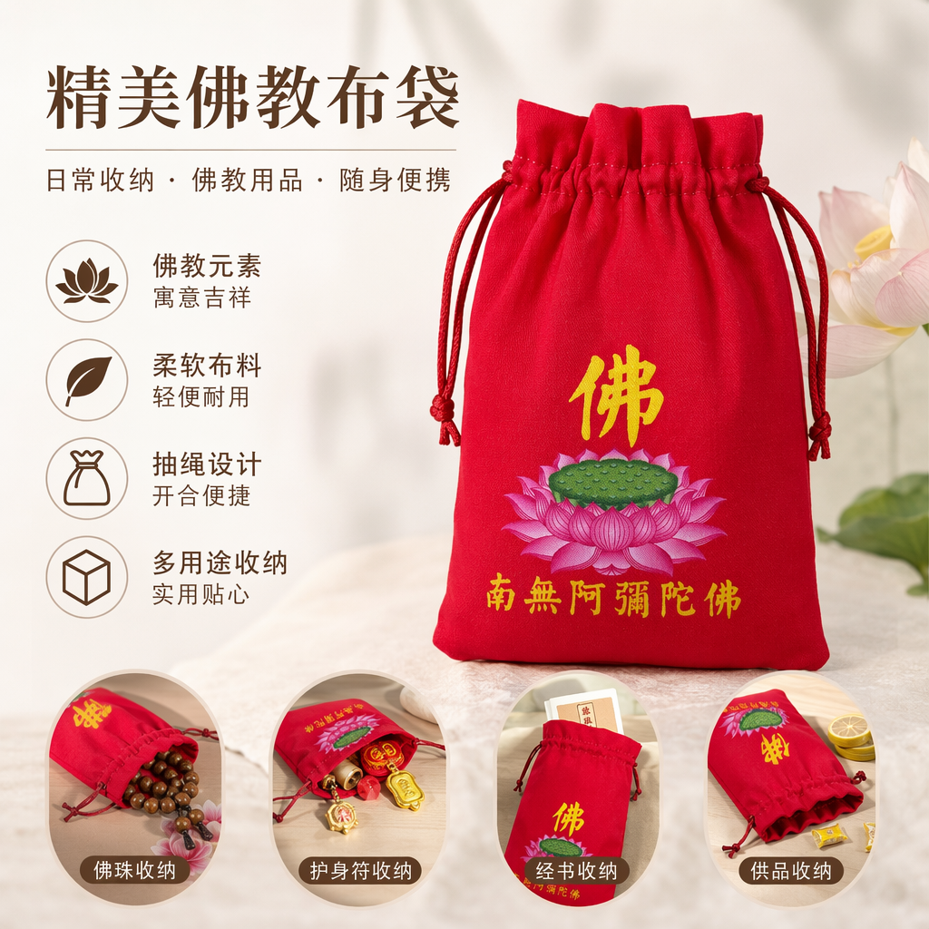 红色抽绳布袋 加厚棉麻材质 可重复使用环保购物袋