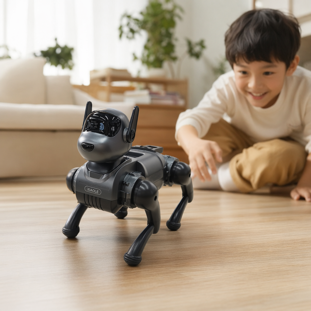 The grey robot dog is an intelligent interactive pet toy with programmable remote control and bionic quadruped robot details Picture