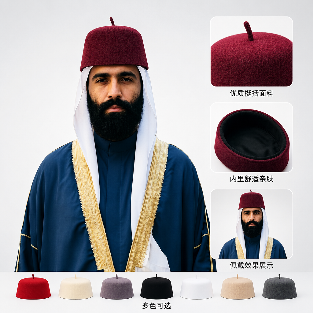Autumn and winter wool berets, classic felt hats, brim wool hats, Middle Eastern folk customs, men's religious top hats, headscarves, women's long hats, Muslim Arab hats, Malaysian headscarves
