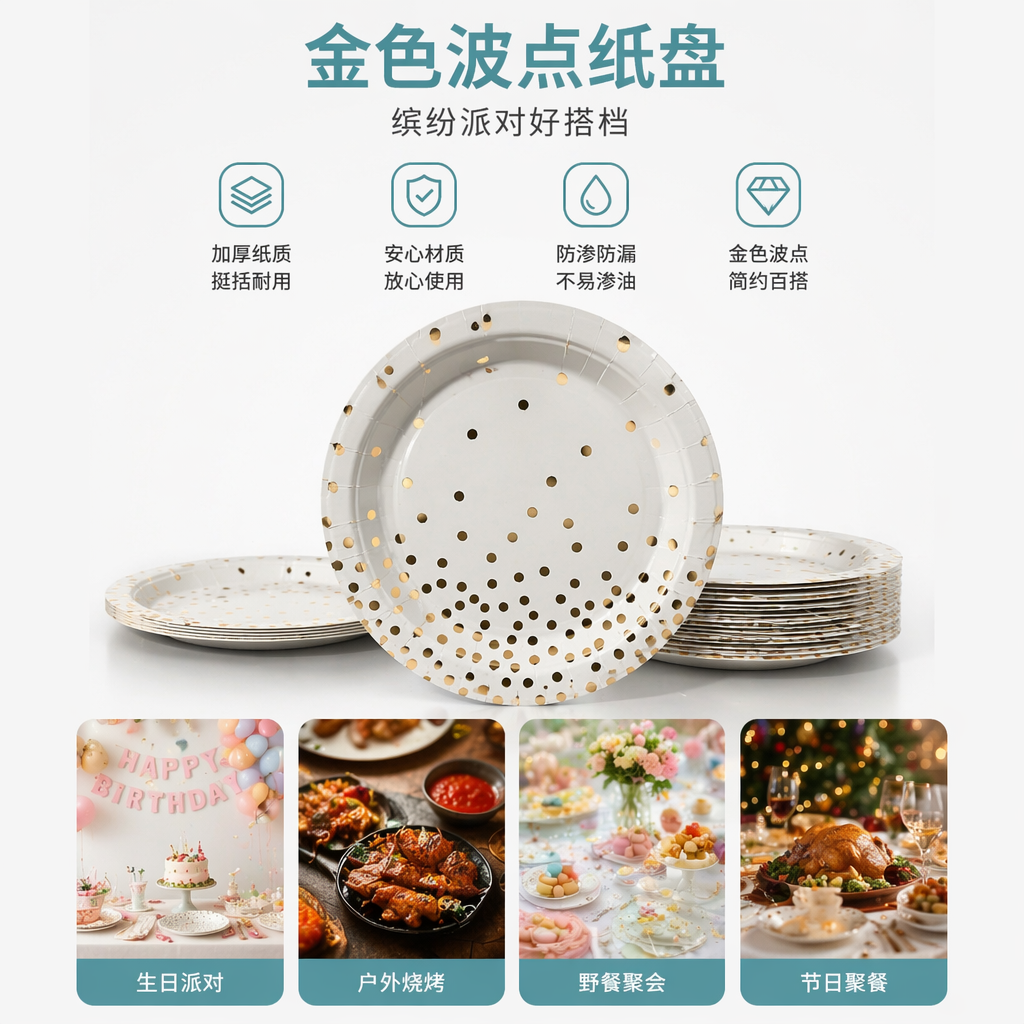 White paper plate with silver dots, disposable banquet plate, for banquet decoration