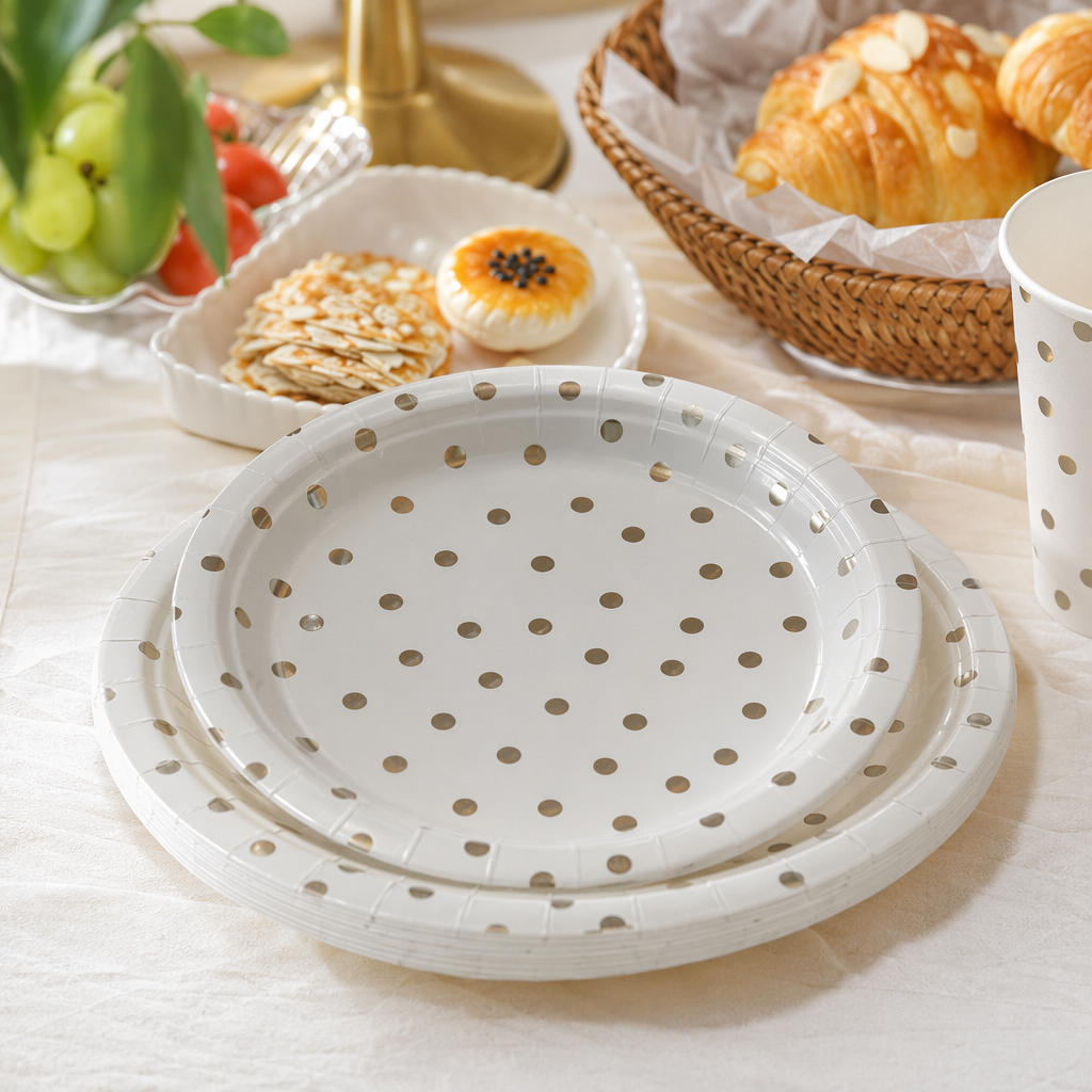 White paper plate with silver dots, disposable banquet plate, for banquet decoration details Picture