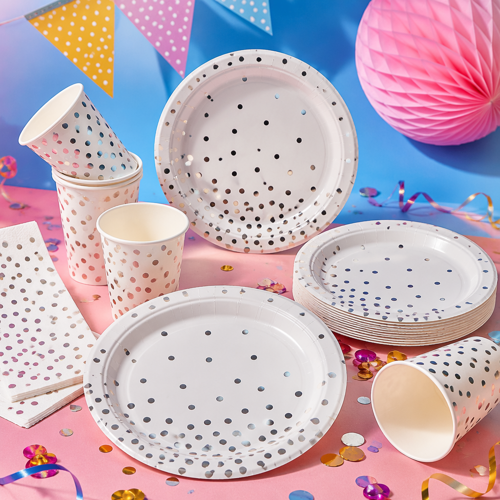 White paper plate with silver dots, disposable banquet plate, for banquet decoration Specification image