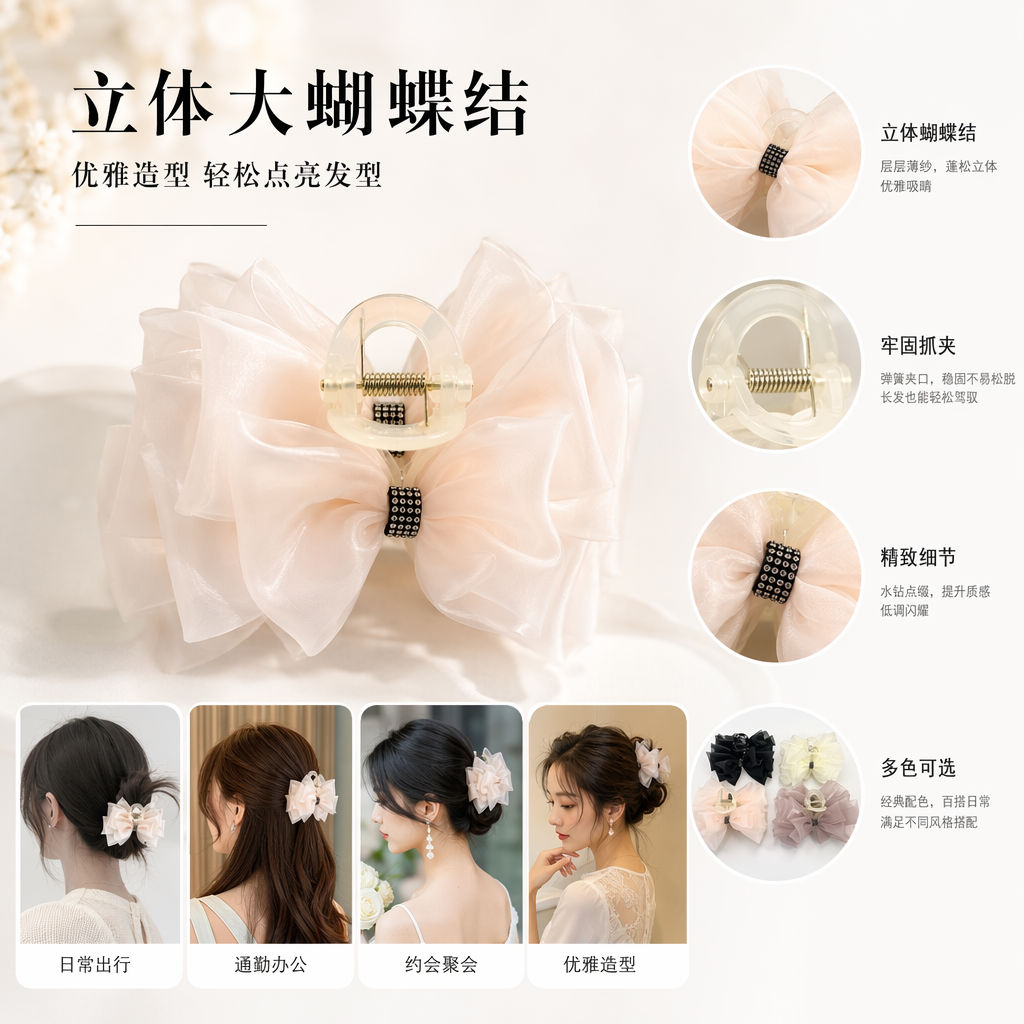 黑色米白粉色灰粉四色纱质蝴蝶结发夹