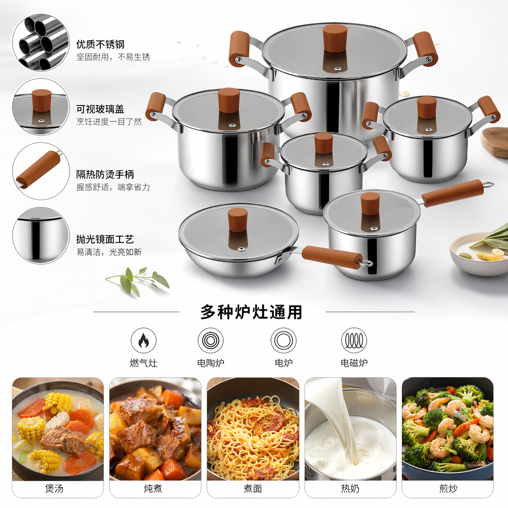 银色不锈钢锅具套装带棕色手柄玻璃盖