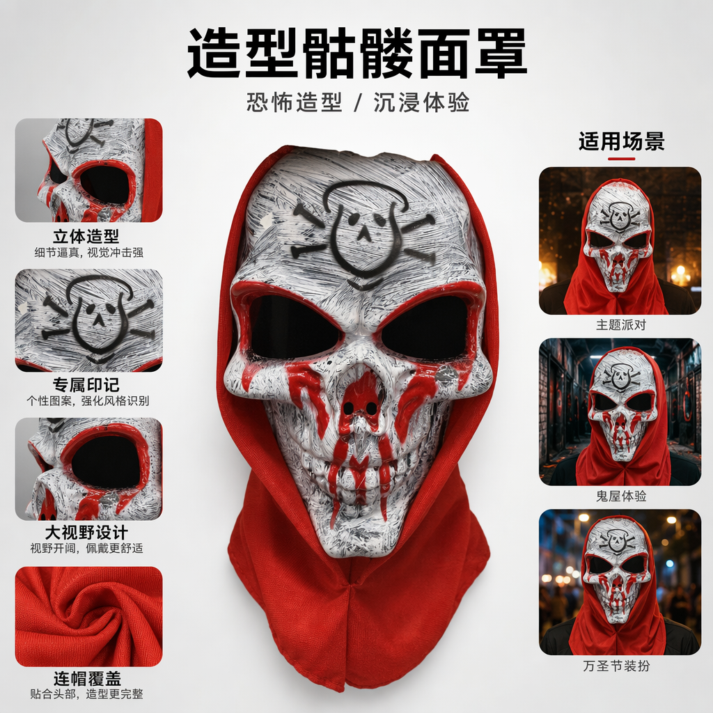 白色涂鸦骷髅面具 红色边缘装饰 个性派对化妆道具