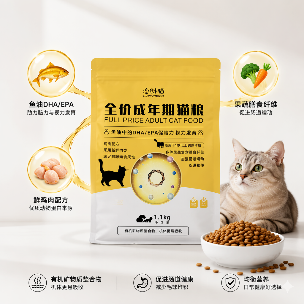 黄色包装袋猫粮天然无谷成猫专用干粮